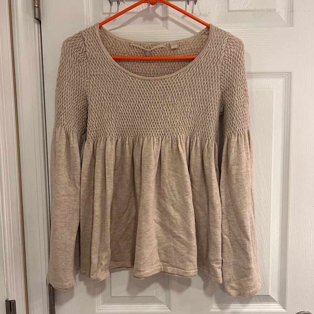 Anthropologie‎ Knitted & Knotted Beige Smocked Peplum Bell Sleeve Sweater S